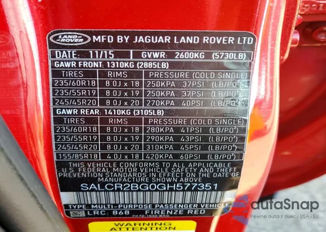 2016 Land Rover Discovery Sport Hse z USA, uszkodzony, nr VIN SALCR2BG0GH577351